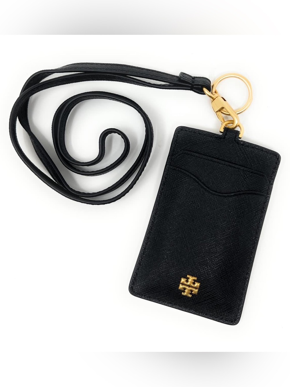 Tory Burch Emerson ID Lanyard Black Gold Keyring Wallet